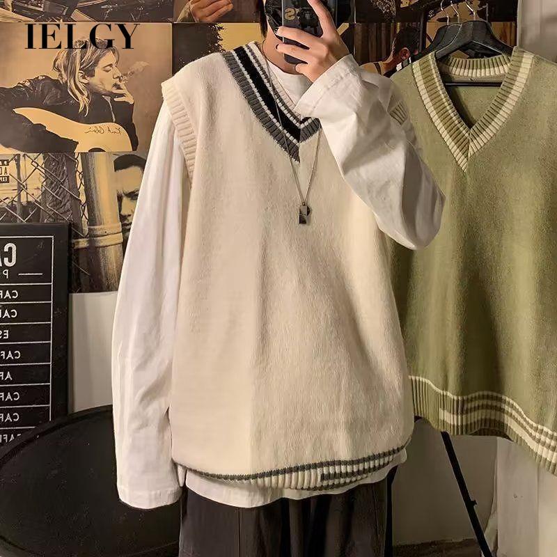 Áo sweater Sát Nách Cổ Chữ v Màu Khối Lập Phương IELGY preppy Cho Nam