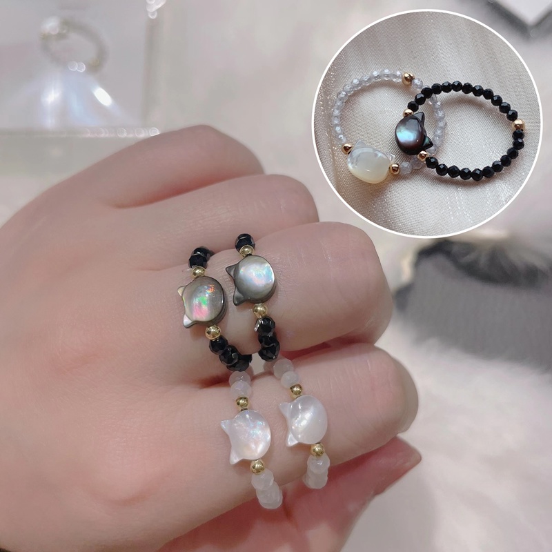 1 Nhẫn Đính Hạt Đơn Giản Màu Trắng Đen Phong Cách Nhật Bản