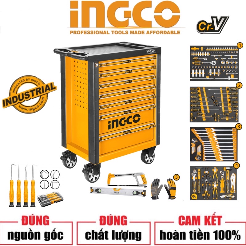 ĐỒ NGHỀ INGCO Bộ 162 công cụ trong tủ kéo 4 ngăn HTCS271621 (Cam kết Chính Hãng 100%)