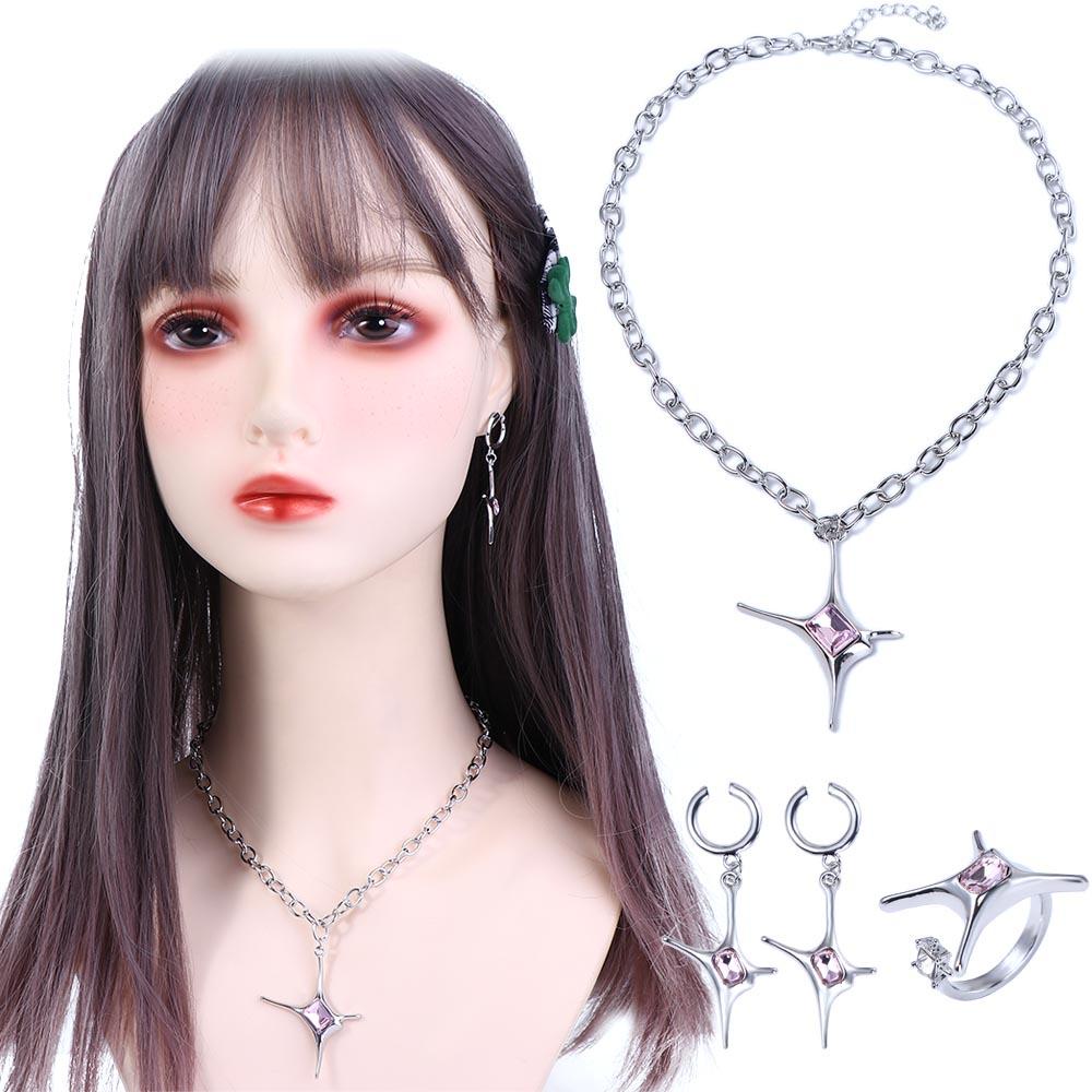 Áo Kiểu Màu Hồng Họa Tiết USNOW Xinh Xắn Đáng Yêu|Bộ Vòng cổ Và Bông Tai Bằng Kim Loại Y2K Thiết Kế Đơn Giản Sáng Tạo