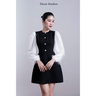 THOSE STUDIOS Đầm dự tiệc , đầm đen tay dài Angela Dress form chữ a với chất cotton gân kết hợp voan lông vũ
