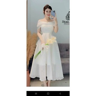 [New Sales 2024] Đầm dự tiệc trễ vai dáng xòe bồng bềnh chất voan tơ với 2 màu đỏ trắng xinh xắn
