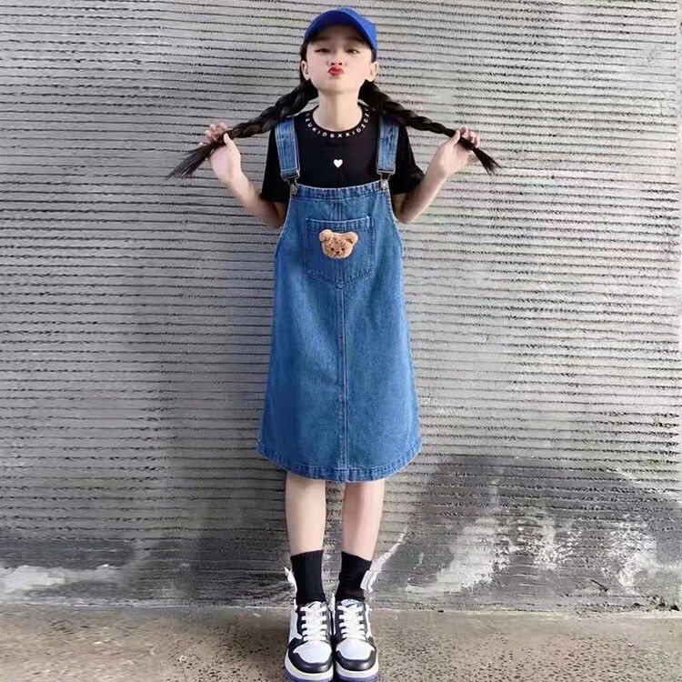 Set Áo Thun + Váy Yếm Denim Thời Trang Cho Bé Gái 6-14 Tuổi