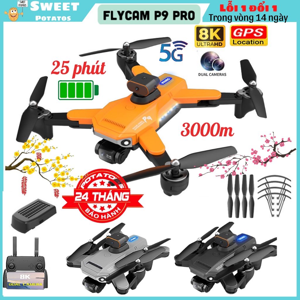 Flycam điều khiển từ xa P9 - playcam mini giá rẻ trang bị camera kép 4k, cảm biến chống va chạm trên không, pin 2500mAh