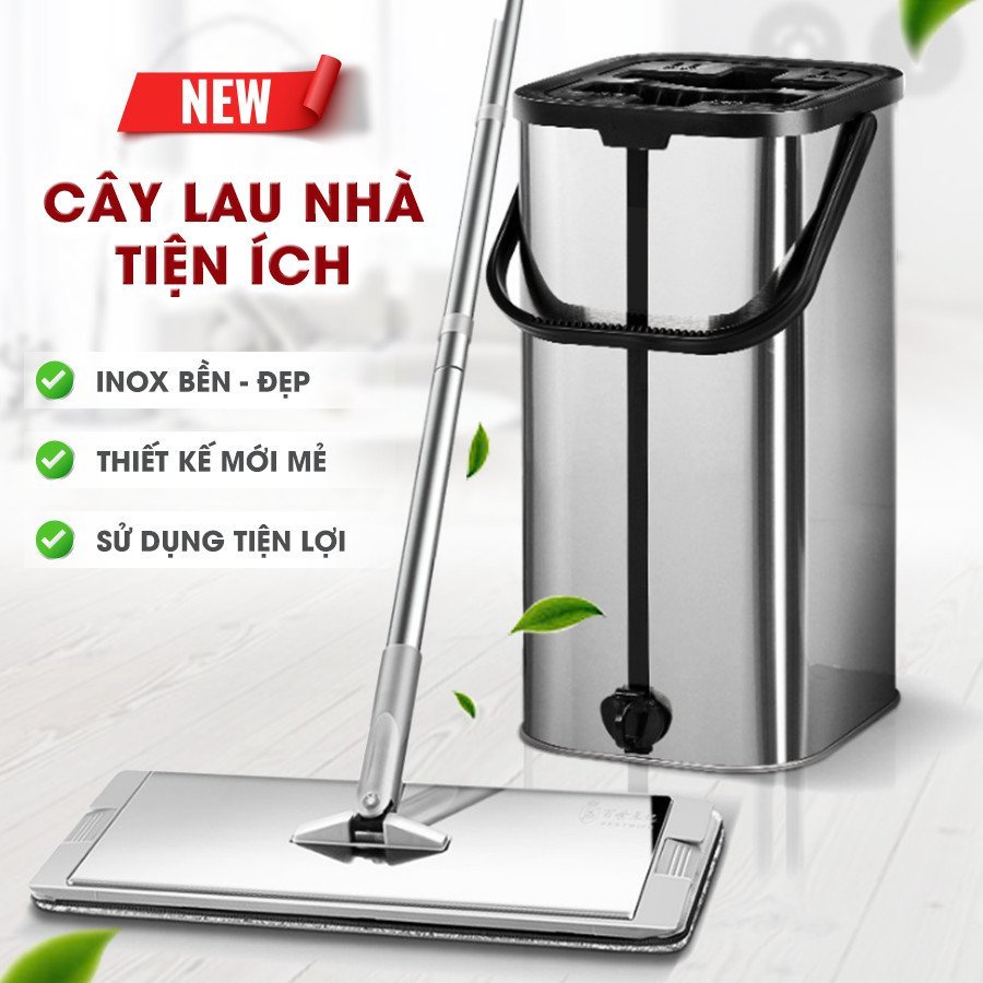 Cây lau nhà tặng kèm 2 bông lau, bộ lau nhà thông minh tự vắt 100% INOX CAO CẤP
