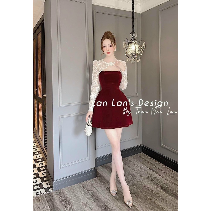 Đầm xòe nhung phối ren tay dài có mút