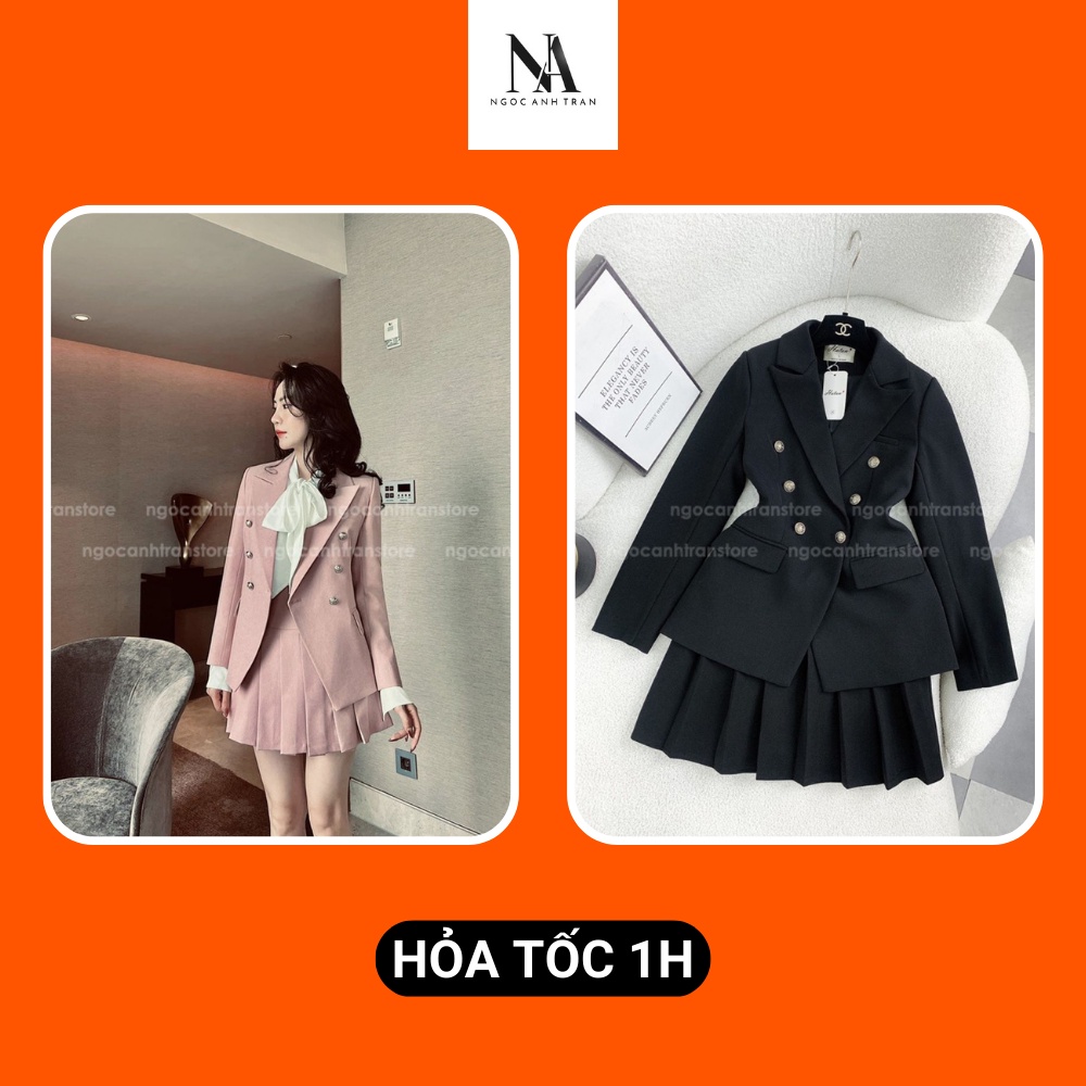 Áo blazer nữ chiết eo dài tay kèm chân váy xếp ly phối cúc đồng sang chảnh phong cách công sở nhiều màu