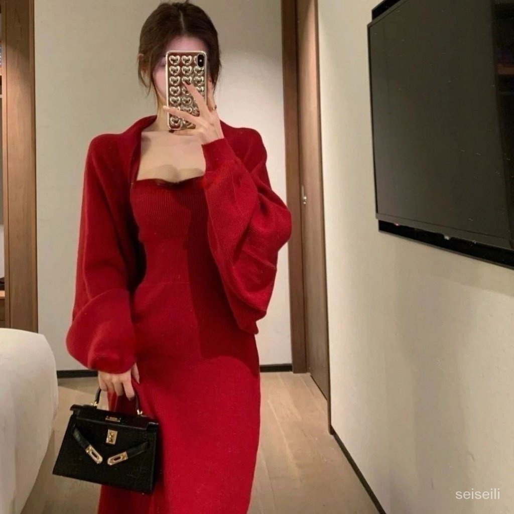 Set Đầm Và Áo Khoác Cardigan Nhỏ Màu Đỏ Phong Cách Mùa Thu Spicy Ngọt Ngào Phong Cách Mới Cho Nữ