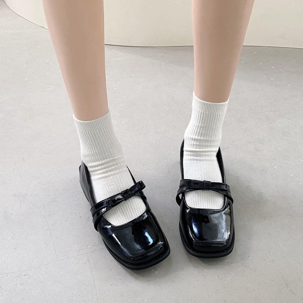 Giày Búp Bê Đế Đốc 2.5Cm Mũi Tròn Da Bóng Quai Nơ Ngang