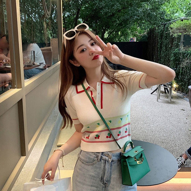 Áo POLO Dệt Kim Tay Ngắn Dáng Ôm Phong Cách Hàn Quốc Thời Trang Mới Cho Nữ