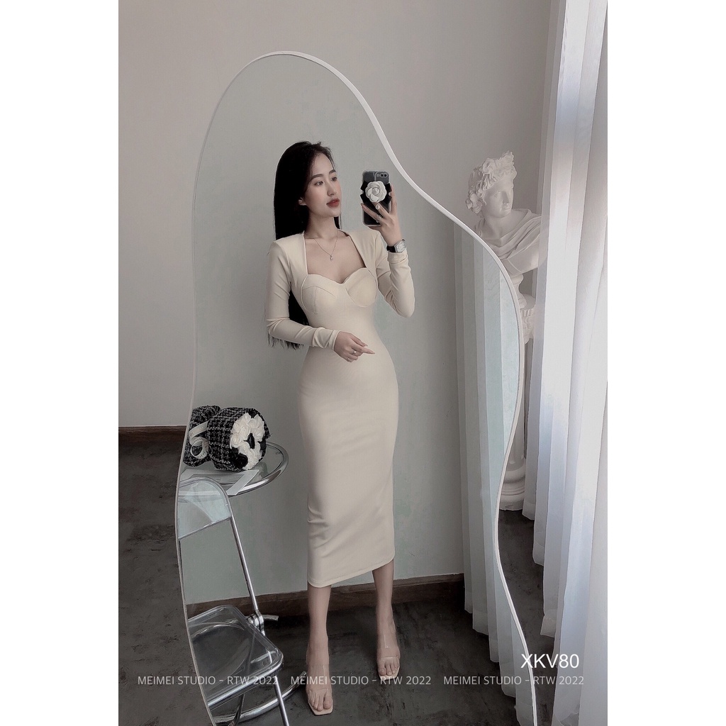 Váy body dài tay, dáng midi, len cúp ngực, cổ vuông, mặc đi chơi, đi tiệc | XKV80 | MeiMei Studio