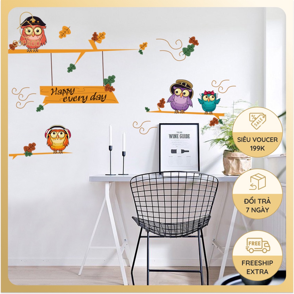 Decal dán tường phòng khách mẫu cú mèo, tranh dán tường phòng ngủ