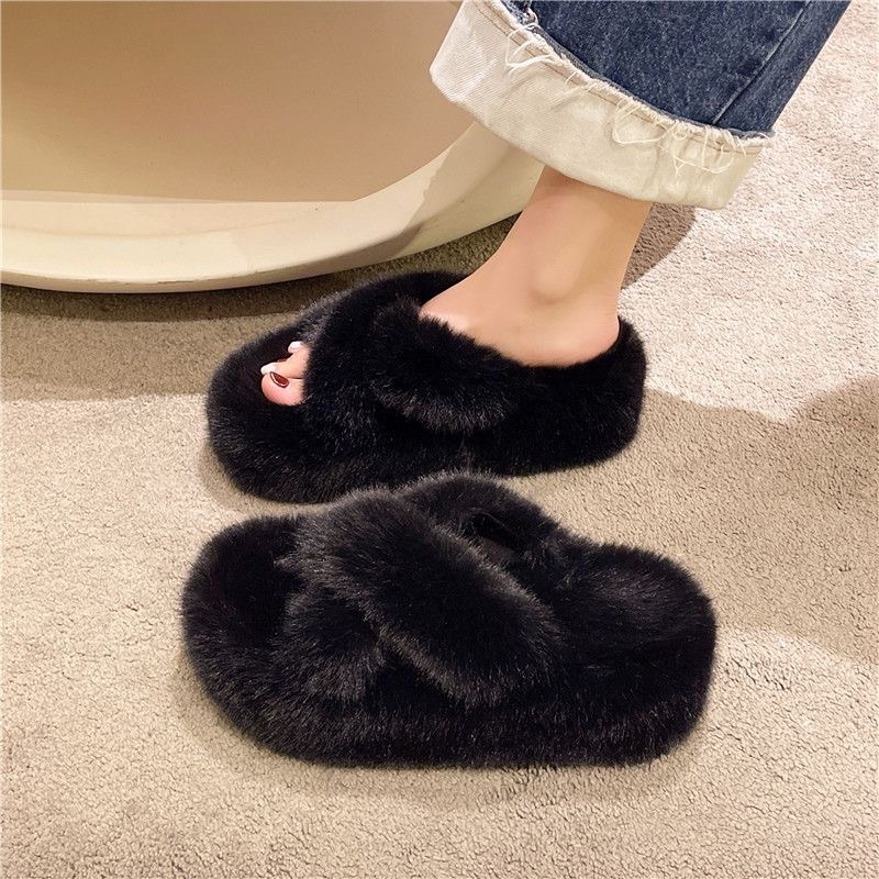 Dép Bông Quai Ngang - Quai Chéo Phủ Lông Dày Đế Cao 5cm Dễ Thương, Thời Trang Mùa Thu Đông Cho Nữ