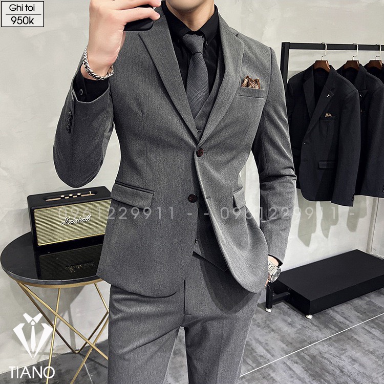 Bộ vest nam 2 khuy Hàn Quốc màu xám đậm cực sang trọng, Vest nam, Suit Nam Cao Cấp - TIANO