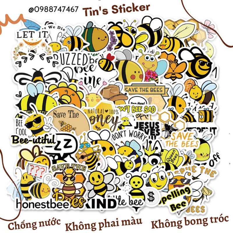Set combo 50 miếng dán sticker Con Ong dán nón mũ bảo hiểm laptop vali sổ sách đàn guitar tủ lạnh điện thoại xe máy