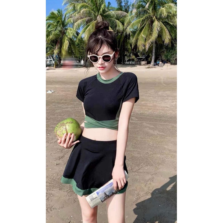 Bikini 2 mảnh đồ bơi đi biển nữ áo croptop tay cọc váy xòe và quần cạp cao kín đáo PALDORA045 | BigBuy360 - bigbuy360.vn