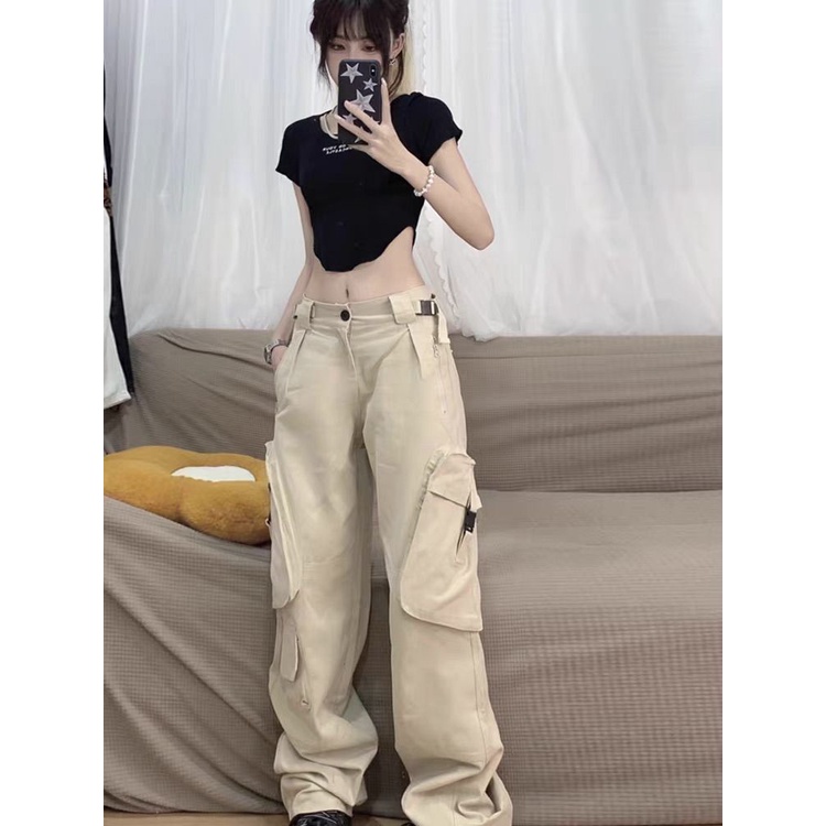 Quần y2k Quần Dài Ống Đứng Phối Túi Lớn Phong Cách Hip Hop Đường Phố Âu Mỹ 2022 hiphop nữ