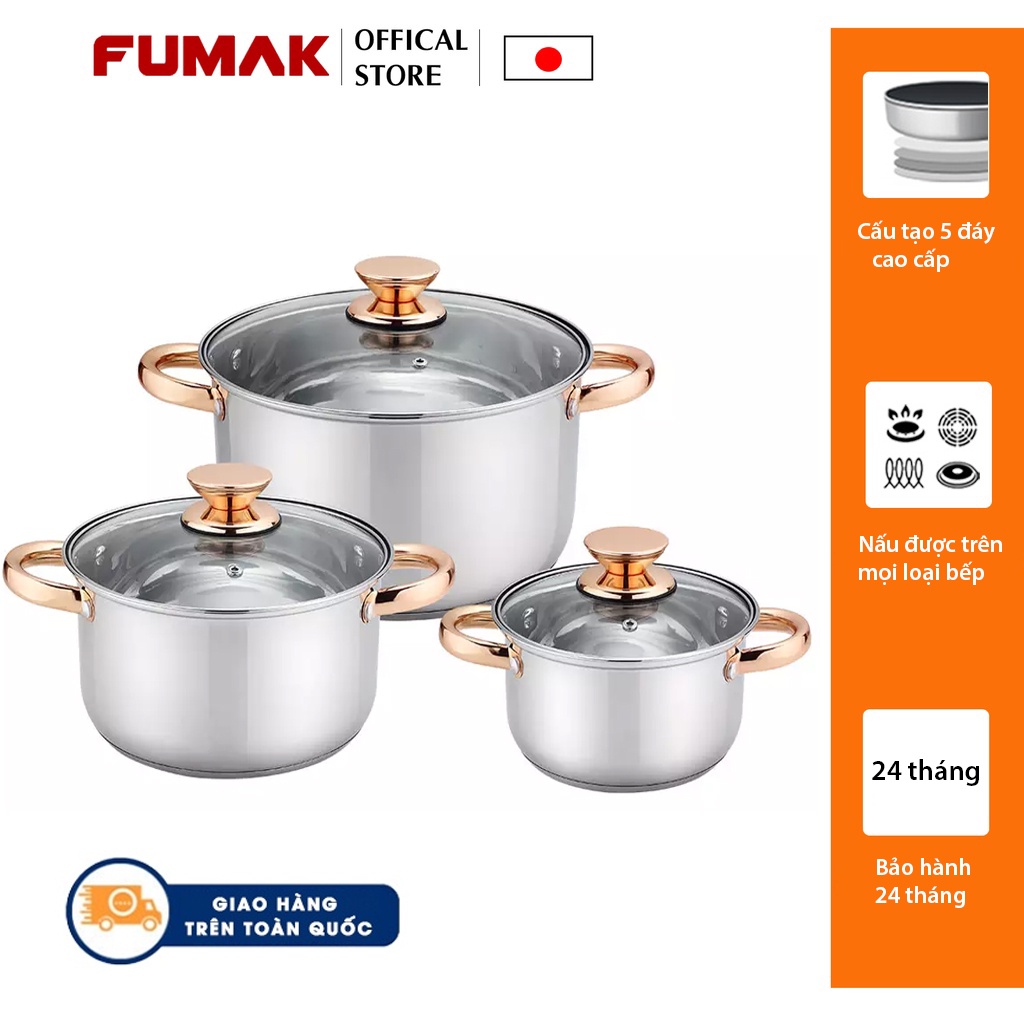 Bộ nồi inox 5 đáy FUMAK FC-2103 size 16cm, 20cm, 24cm hàng cao cấp dùng cho bếp từ, bếp gas, bếp hồng ngoại