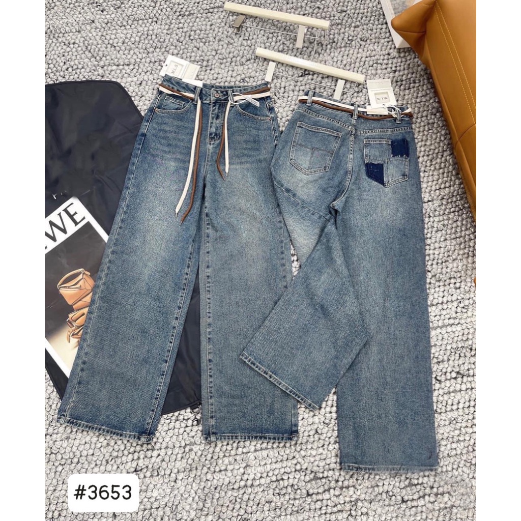 [ORDM3653] QUẦN JEANS ỐNG RỘNG NỮ LƯNG CAO 2 DÂY TRẮNG NÂU MÀU XANH ĐẬM BỤI DƠ LAI CUỐN PHỐI TÚI RÁCH KIỂU PHÍA SAU ĐỈN