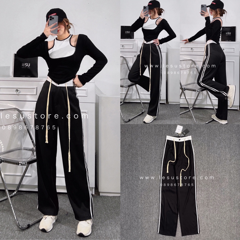 ẢNH TỰ CHỤP Quần culottes phối sọc 2 bên lưng trắng ĐEN