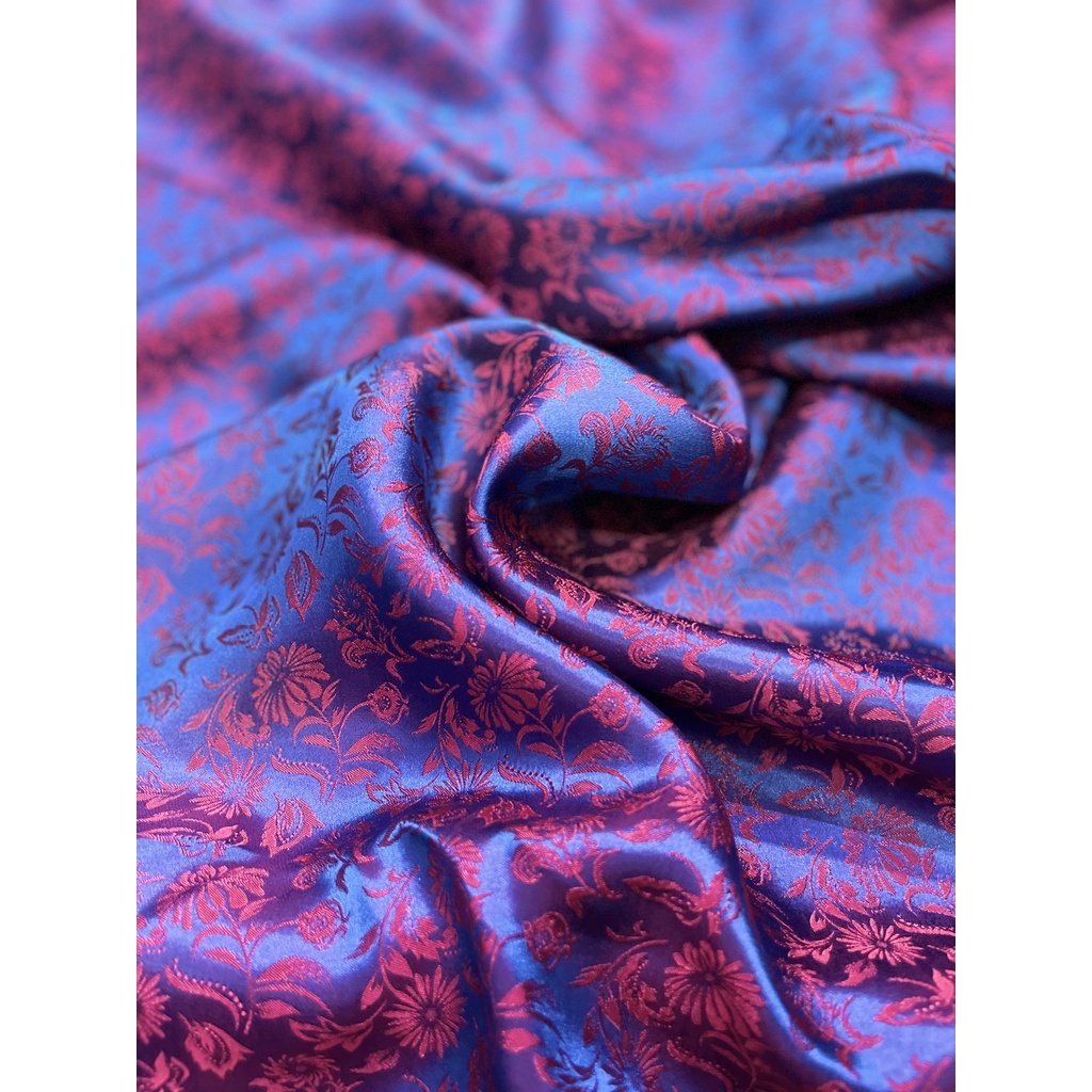 Vải Lụa Hà Đông Satin Hoa Cúc Cành may áo dài Màu Tím đỏ Sapphire - LHVS090 - mát, mềm, tôn dáng, quý phái, sang trọng