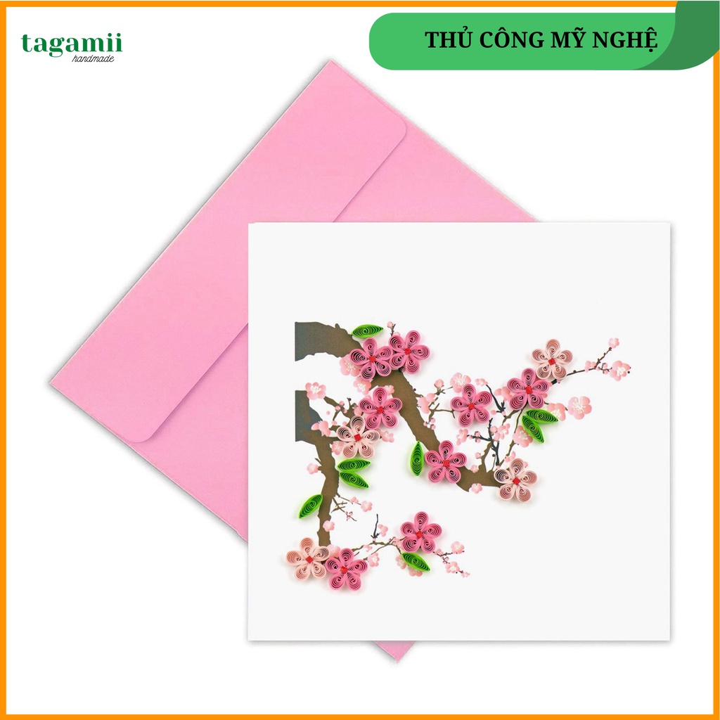 Thiệp Quilling Giấy Xoắn, Thiệp Hoa Đào Tết, Thiệp giấy Handmade làm Quà lưu niệm tặng Người thân 15cmx15cm