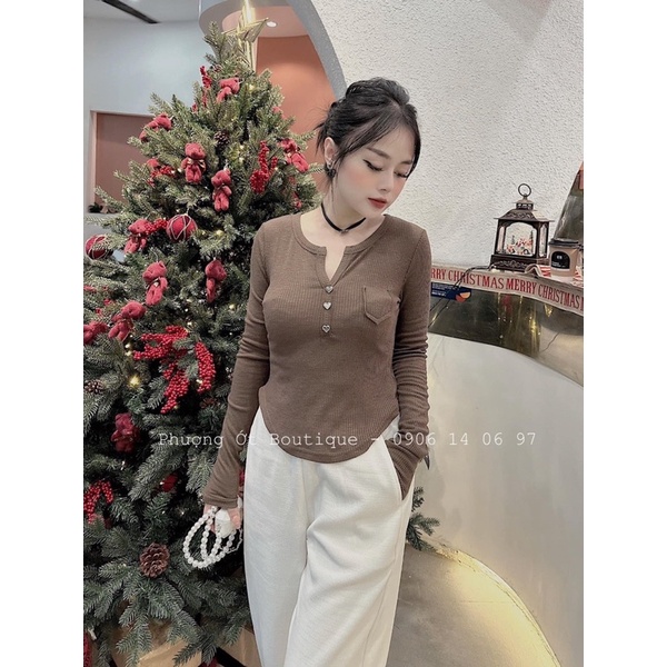 Áo thun gân tăm nút gài dài tay form ôm body, Áo dài tay vạt bầu phối khuy nữ Thun kiểu dáng ôm body bánh bèo tiểu thư