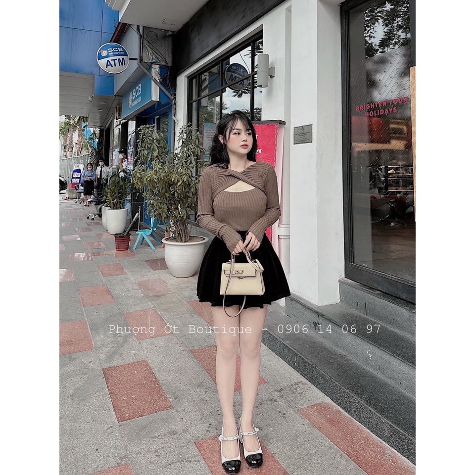 Áo Thun Gân Cổ Tròn Kèm Đắp Chéo Khoét Ngực Dài Tay Dễ Thương TTSA2034