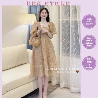 Váy ren cổ vuông khoét lưng dáng xoè Pea Store - Đầm ren dáng xoè dự tiệc tiểu thư