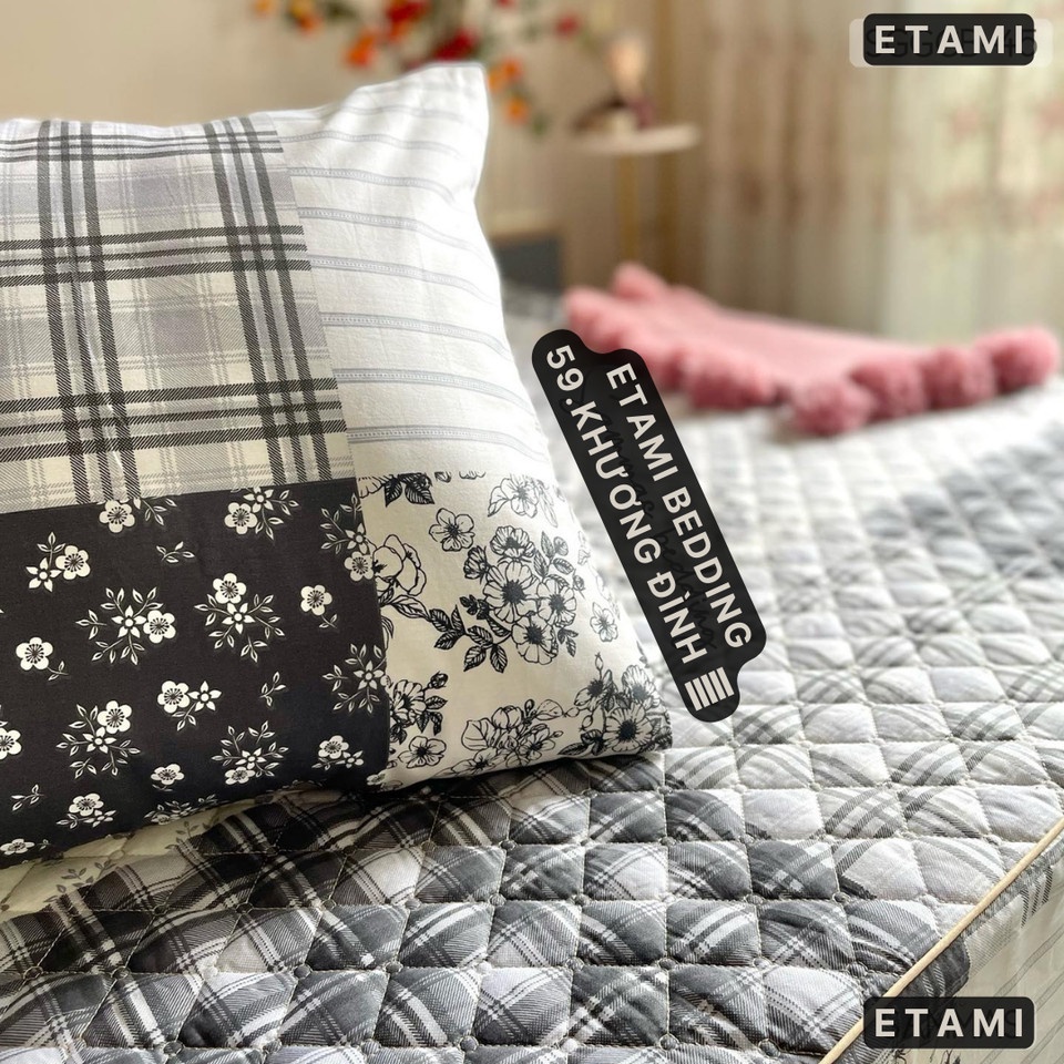 Bộ ga gối cotton Hoa xám kẻ ô living 3 món cao cấp ETAMI đủ kích thước, miễn phí bo chun grap (chưa kèm ruột )