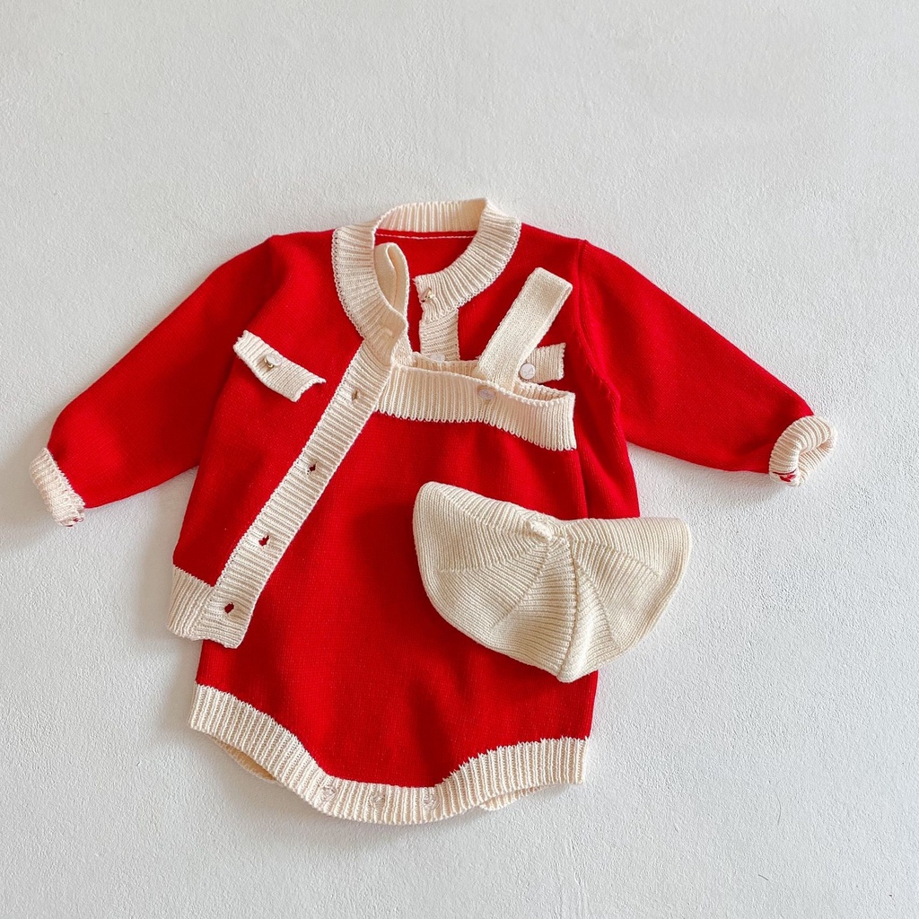 Bộ Áo Khoác Cardigan + Áo Liền Quần Màu Đỏ Thời Trang Mùa Xuân 2023 Cho Bé Gái