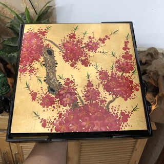 Hộp mứt Tết sơn mài - khay đựng mứt sơn mài vẽ hoa đào - Hình vuông 30x30cm - Thủ công mỹ nghệ sơn mài Việt Nam
