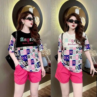 Set bộ đùi thun form rộng thêu chữ angels phối quần hồng