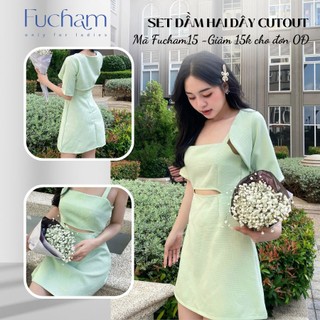 Set đầm 2 dây cutout mix áo khoác xinh xắn, set dạ tweed cao cấp - fucham