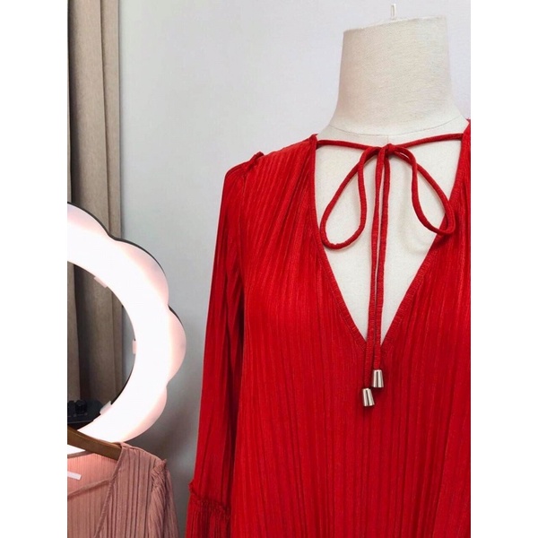 Đầm ngắn 80cm,áo dài kiểu dáng rộng dập ly tay loe 2 màu đỏ,nude M.i.cha.el k.ors-hàng xuất xịn