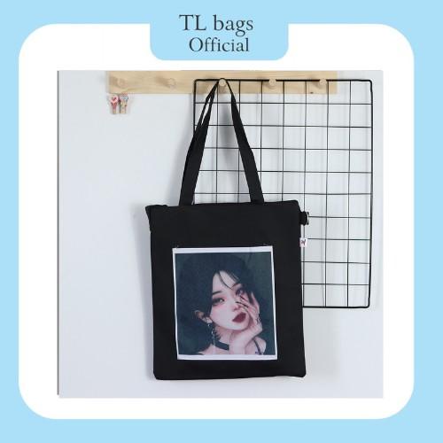 Túi tote, túi vải đeo vai, đi học đi chơi tiện lợi, màu đen dáng vuông, khóa kéo ngăn chính, in hình bên ngoài cute | BigBuy360 - bigbuy360.vn