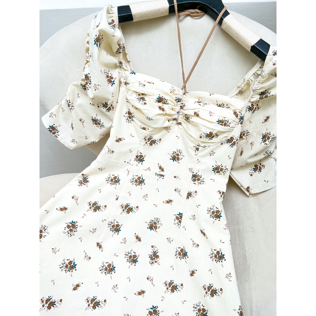 JOLIN | 𝗝𝗔𝗡𝗘 𝗗𝗥𝗘𝗦𝗦 - Váy tone kem nâu tây xếp ly ngực tay lửng họa tiết hoa hồng sang trọng