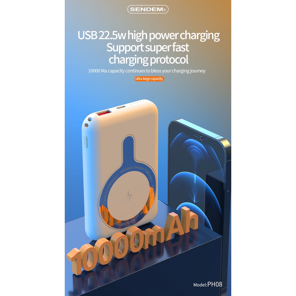 Pin sạc dự phòng không dây từ tính SENDEM PH08 10000Mah sạc nhanh không dây 15W/ PD22.5W, Hàng chính hãng