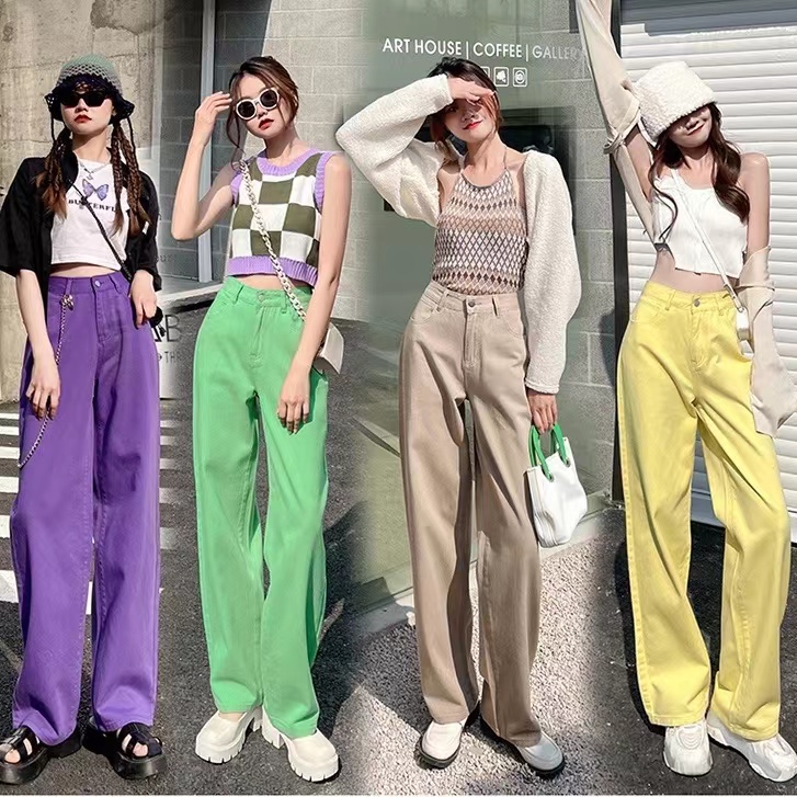 Quần Jeans Nữ Ống Rộng Bảy Màu Quần Lưng Cao Phong Cách Hàn Quốc