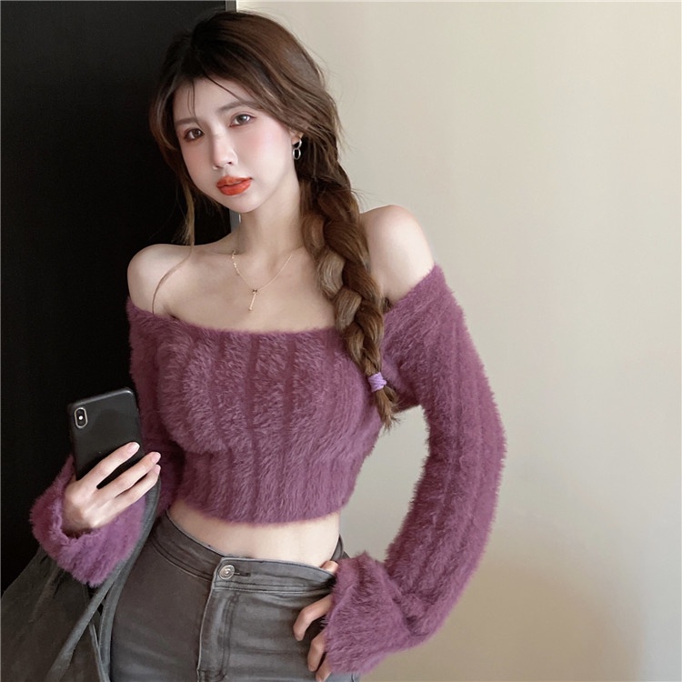 QADCOL Áo sweater Lông Chồn Cổ Vuông Thấp Mềm Mại Dày Dặn Thời Trang Thu Đông Cho Nữ