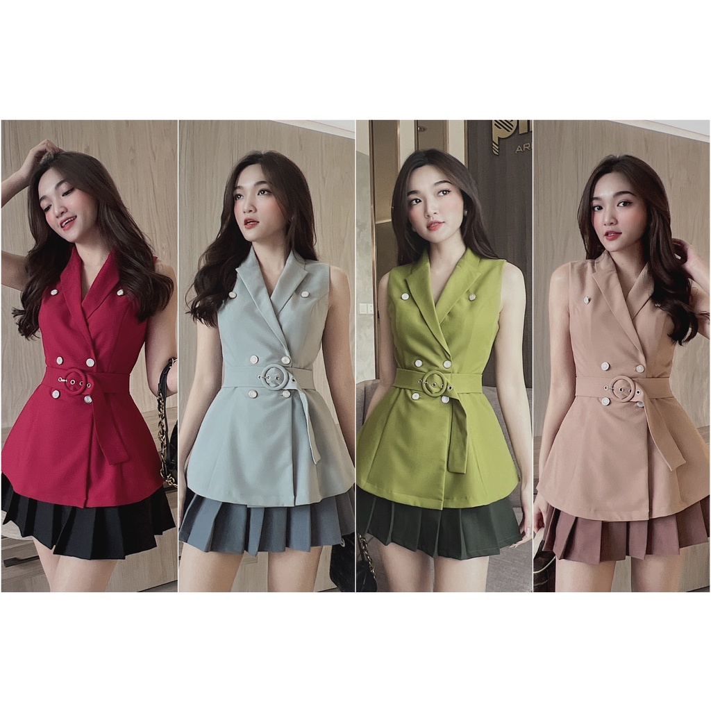 Set Vest Kèm Belt Chân Váy Xếp Li