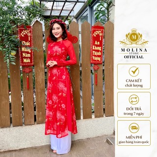 Set Áo Dài Lụa Hoạ Tiết Hoa Lụa Hoa Cúc Thiết Kế Molina, Điệu Đà Thanh Lịch Bao Gồm Mấn Đội Cực Xinh Đê