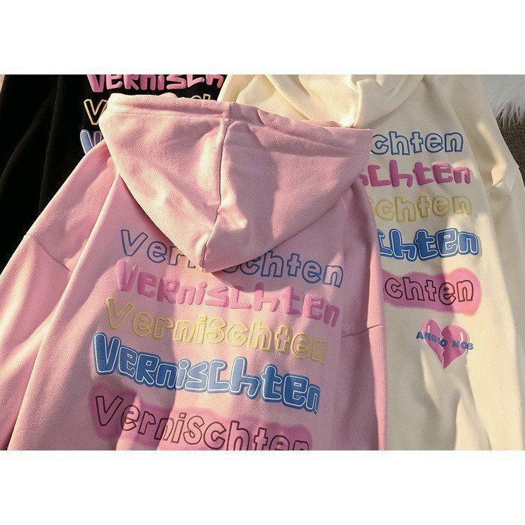 Áo khoác nỉ hoodies form rộng unisex cao cấp vải nỉ ngoại, Áo hoodies in logo trái tim kéo zip có nón ba màu cực xinh