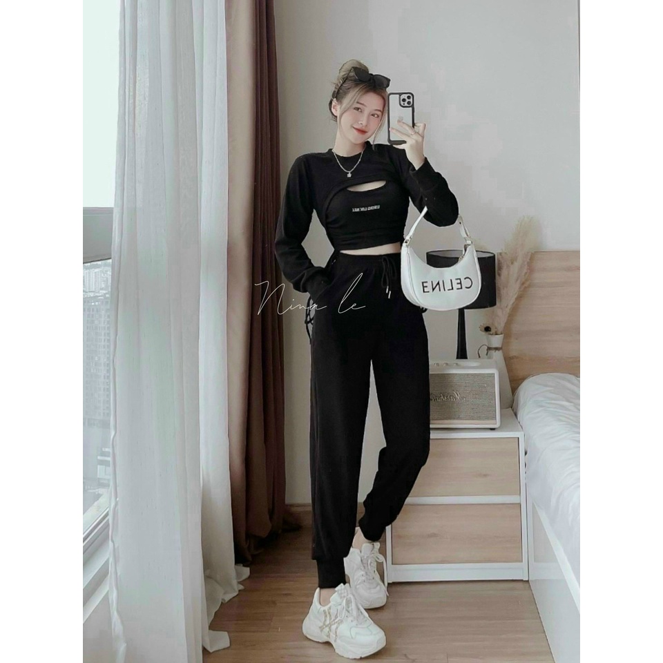(Siêu Sale FreeShip) Sét bộ thể thao nữ cá tính,bộ thun gân croptop quần ống bo có túi,lên from sang chảnh