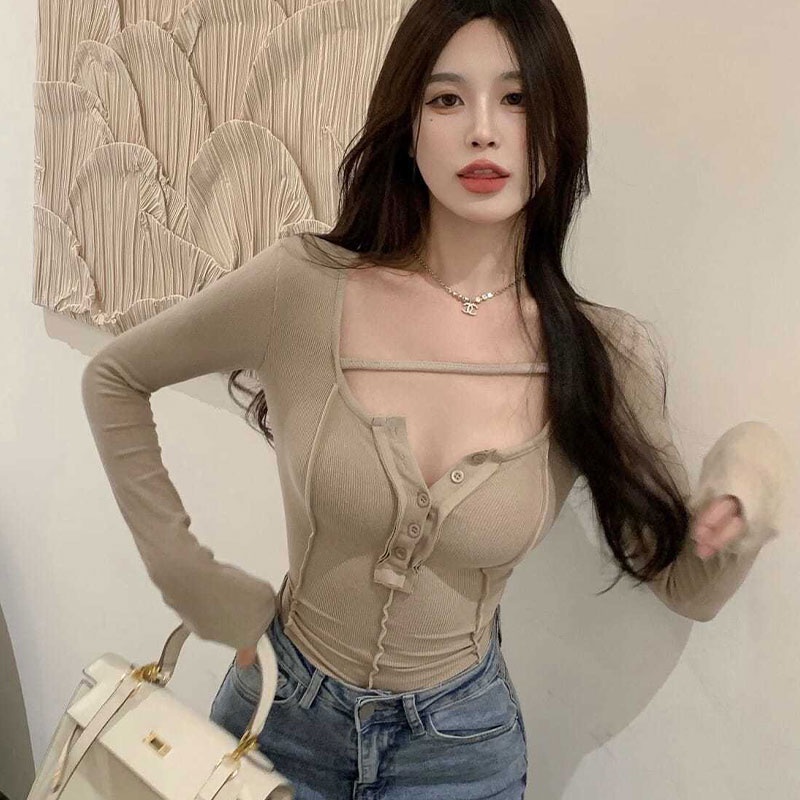 Áo Thun Tay Dài Cổ Chữ V Khoét Sâu Dáng Ôm Thời Trang 2022 Mới Mẻ Quyến Rũ Cho Nữ