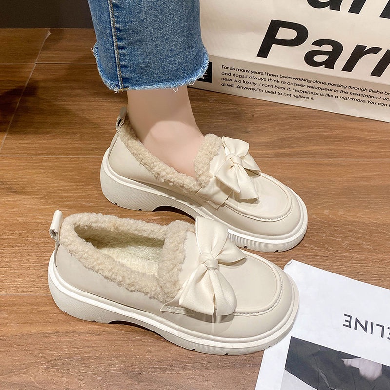 Giày Da Đế Dày Mềm Mại Lót Lông Cừu Đính Nơ Phong Cách Nhật Bản Thời Trang Thu Đông Cho Nữ