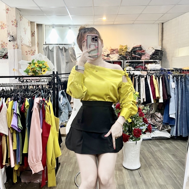 HÌNH THẬT 100% ÁO LỤA CAO CẤP TAY DÀI LỆCH VAI