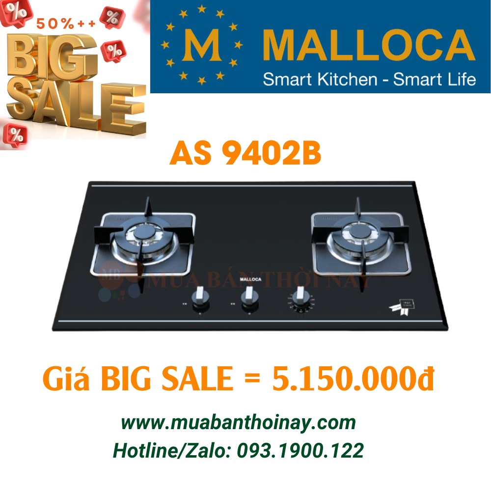HÀNG BIG SALE - Bếp gas âm Malloca AS 9402B III 2 bếp có hẹn giờ, Bảo hành 03 năm chính hãng
