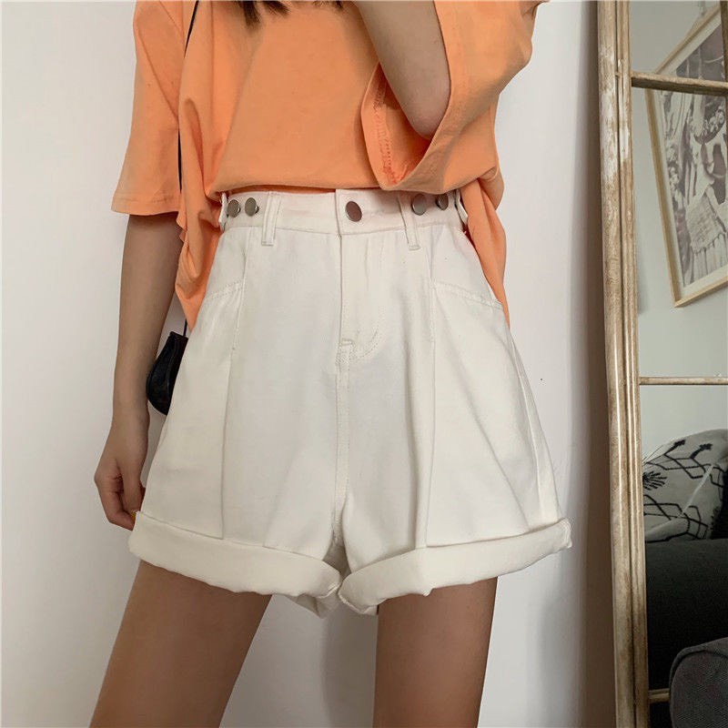 Quần short LUCKY quần short jean kaki cạp cao, quần sooc jean nữ ống rộng sắn gấu cao cấp_ S1 | BigBuy360 - bigbuy360.vn