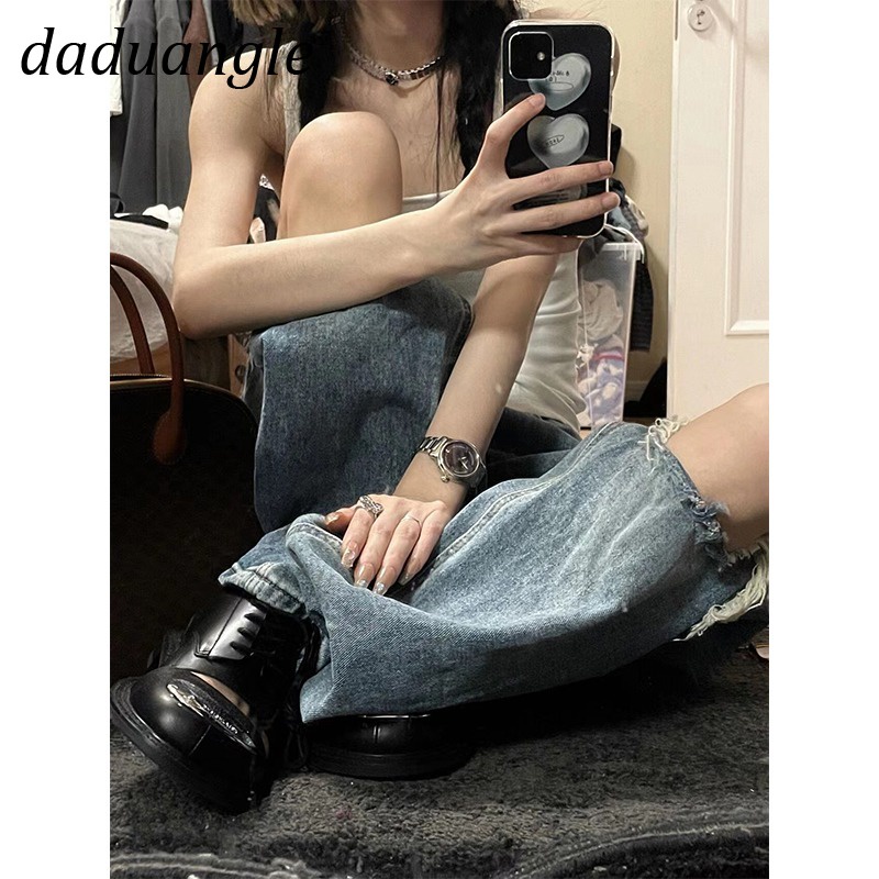 Quần jeans daduhey ống rộng dài lưng cao thiết kế rách phong cách hiphop Mỹ thời trang dành cho nữ